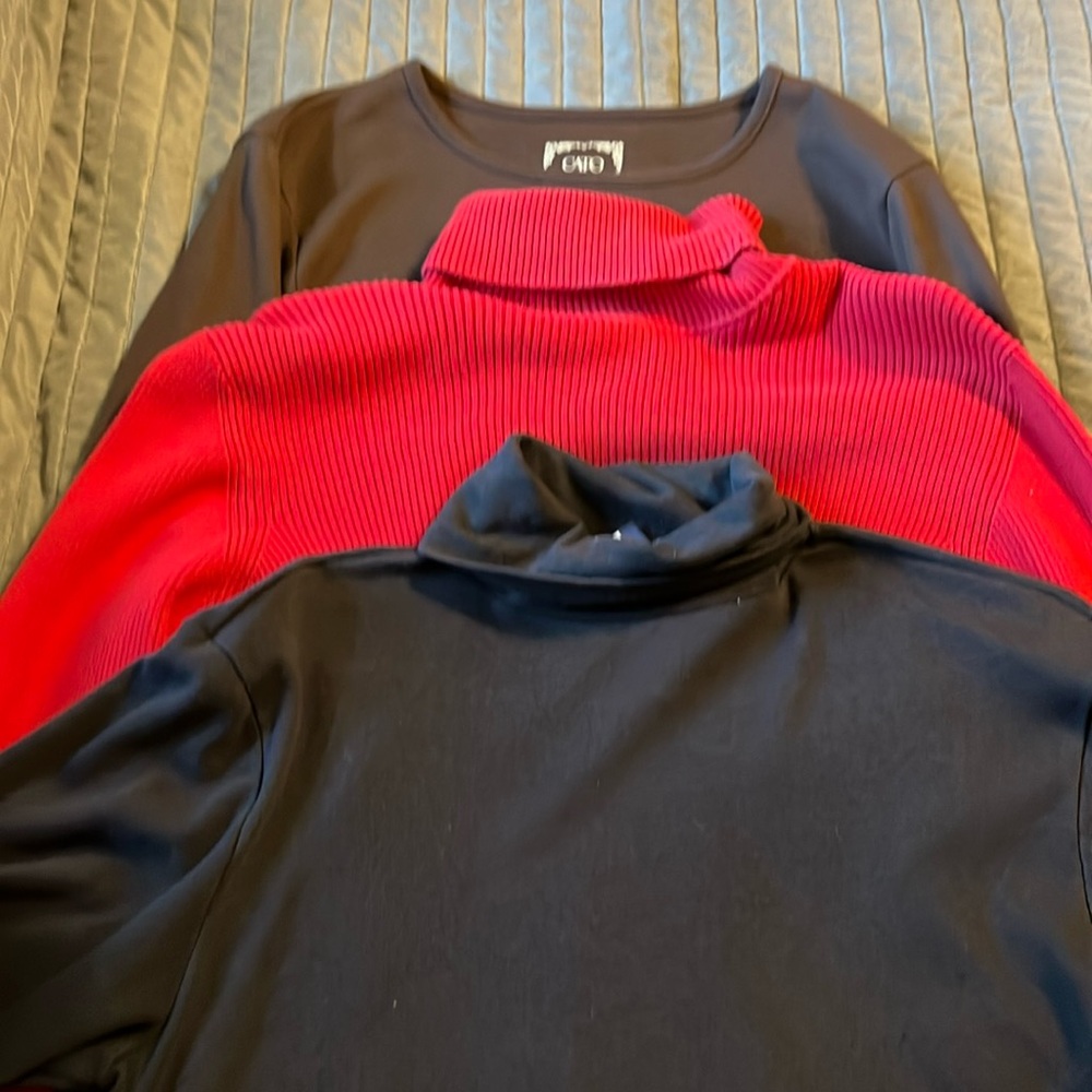 Selling all 3 for 1 price. Black & red turtleneck & brown long sleeved shirt.